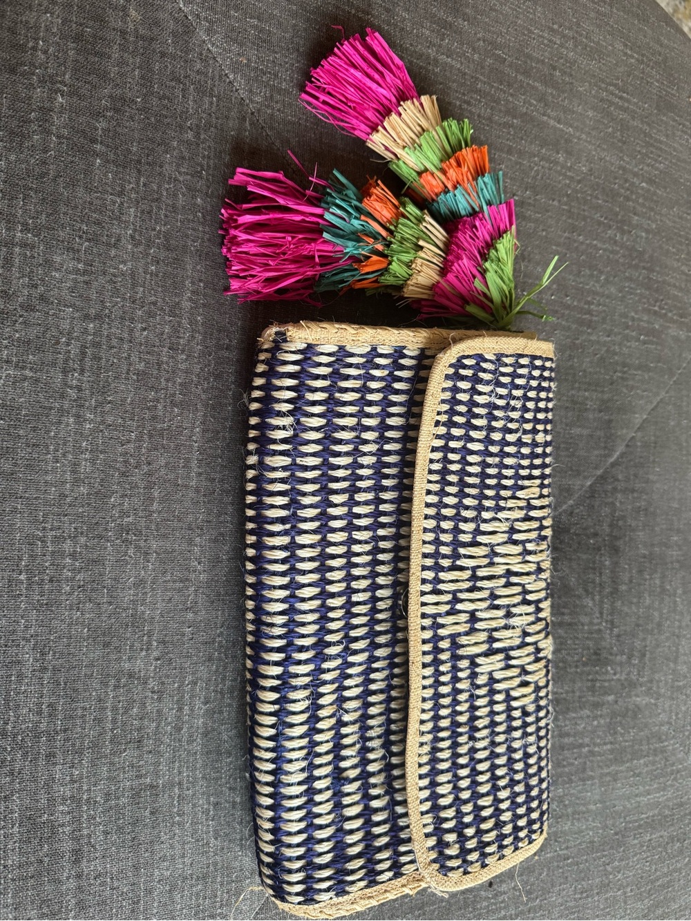 Mar Y Sol handwoven Navy and Natural Straw Clutch with Bright Tassels